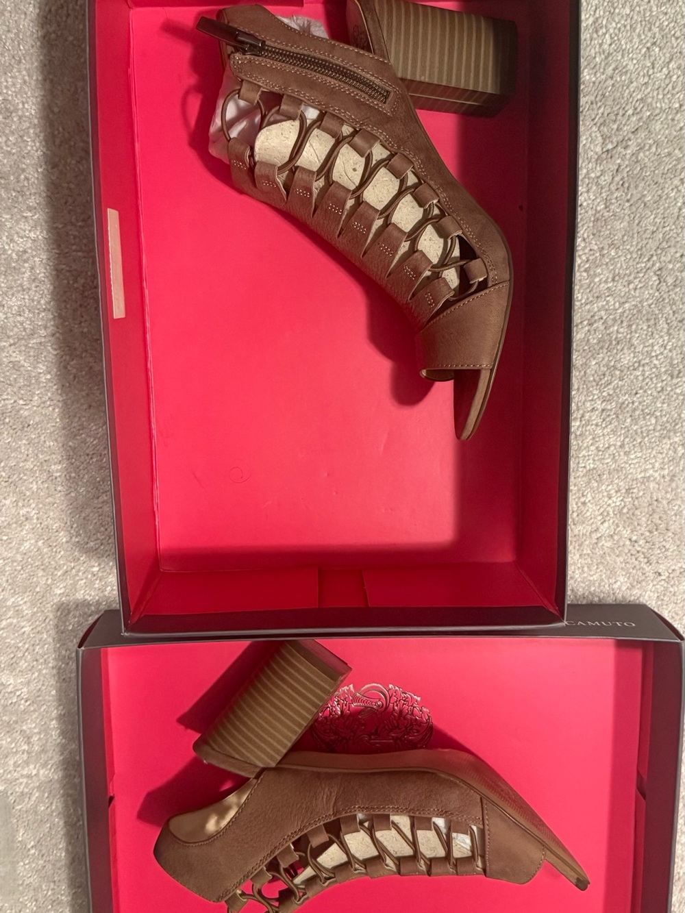 Vince Camuto Smoke Taupe Strappy Peep-Toe Heeled Sandals - Picture 3 of 4